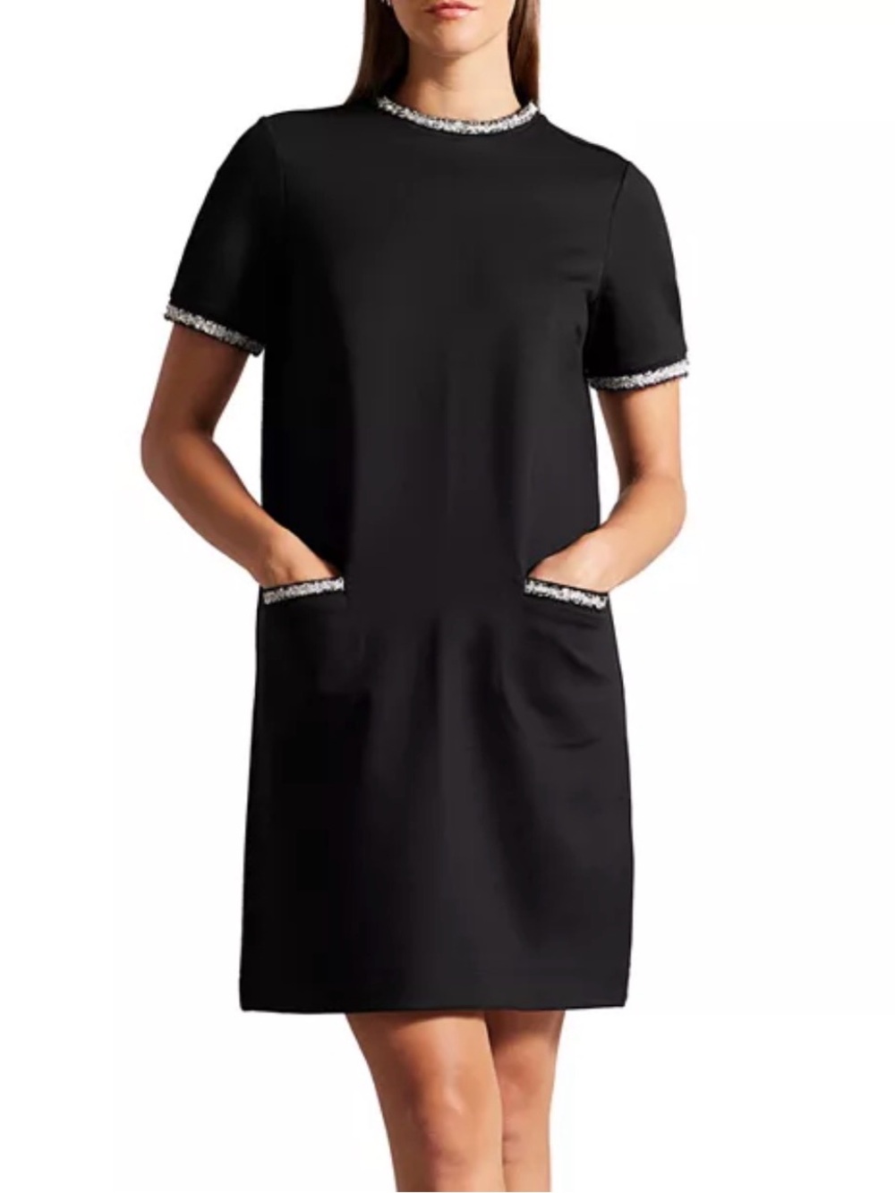 Ted Baker Rozlia ponte Black Shift Dress with Metallic-Trim Accents